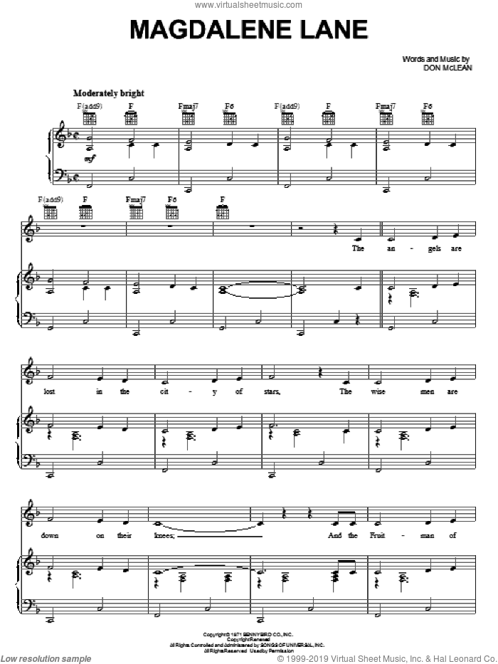 Magdelene Lane sheet music for voice, piano or guitar by Don McLean, intermediate skill level