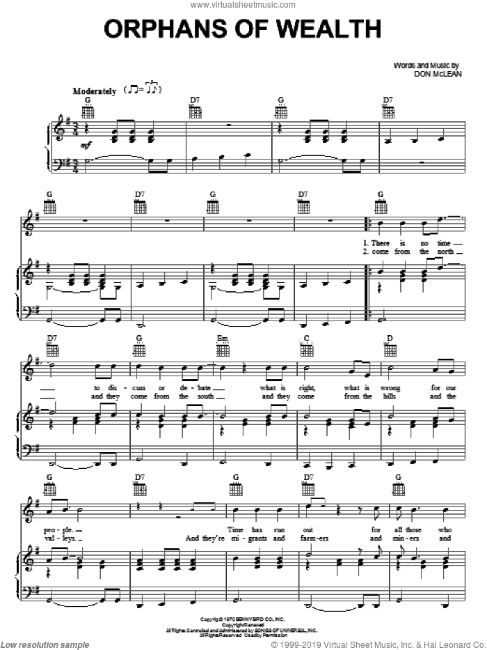Orphans Of Wealth sheet music for voice, piano or guitar by Don McLean, intermediate skill level