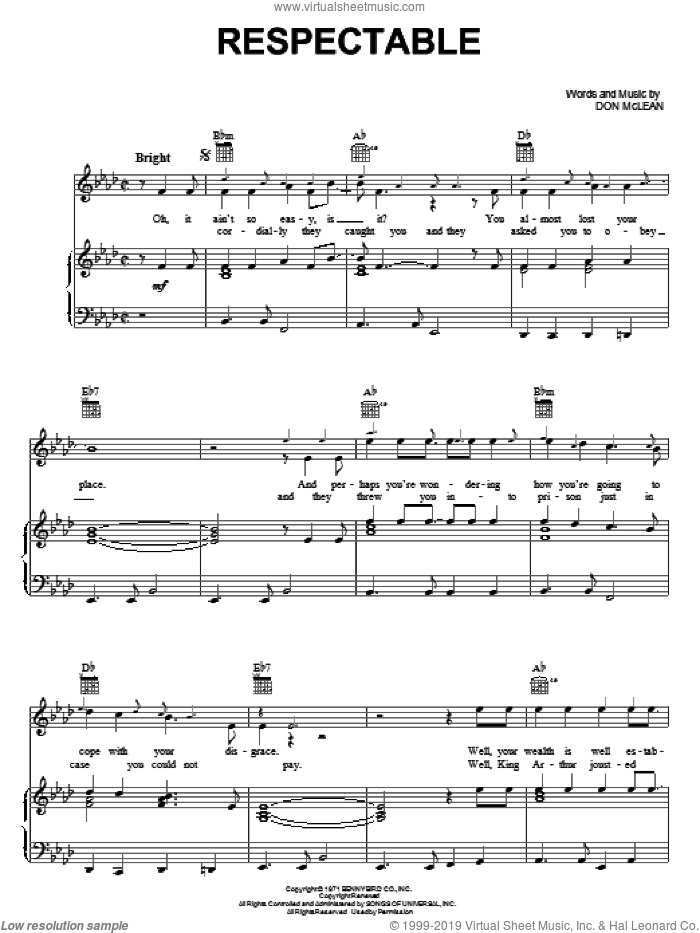 Respectable sheet music for voice, piano or guitar by Don McLean, intermediate skill level