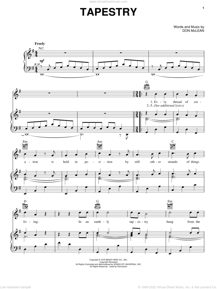 Tapestry sheet music for voice, piano or guitar by Don McLean, intermediate skill level
