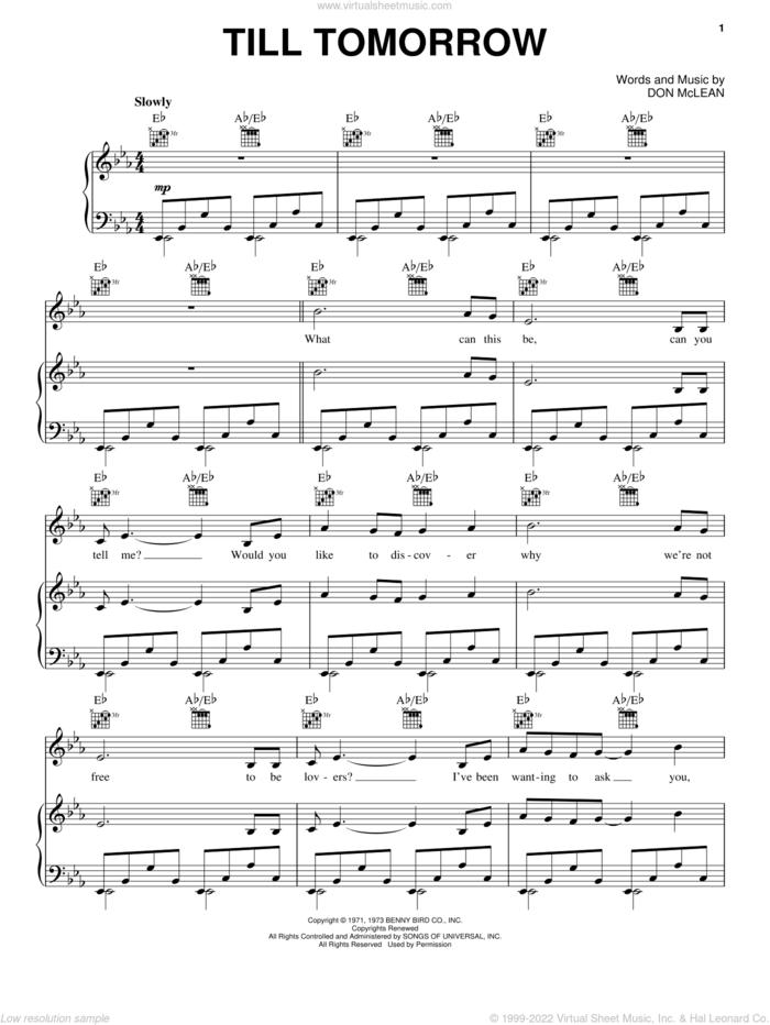 Till Tomorrow sheet music for voice, piano or guitar by Don McLean, intermediate skill level