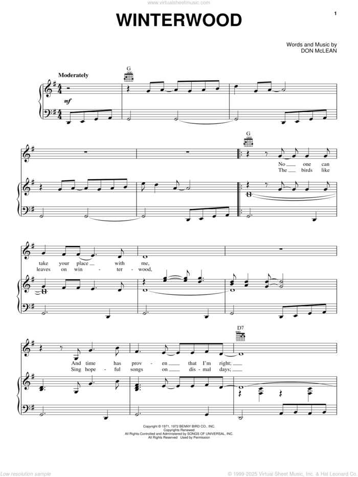 Winterwood sheet music for voice, piano or guitar by Don McLean, intermediate skill level