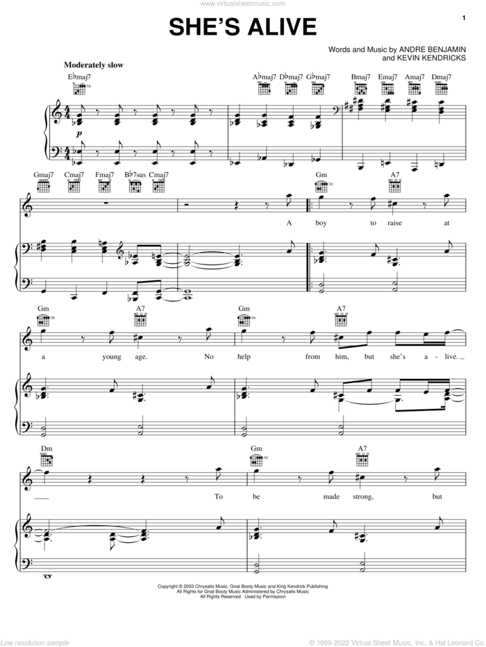 She's Alive sheet music for voice, piano or guitar by OutKast, Andre Benjamin and Kevin Kendricks, intermediate skill level