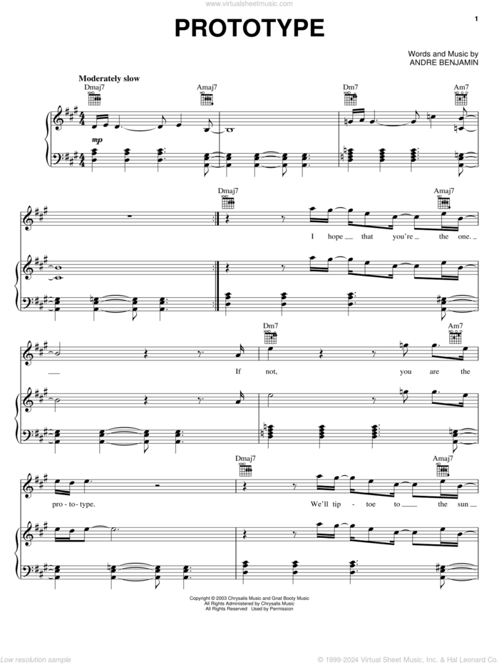 Prototype sheet music for voice, piano or guitar by OutKast and Andre Benjamin, intermediate skill level