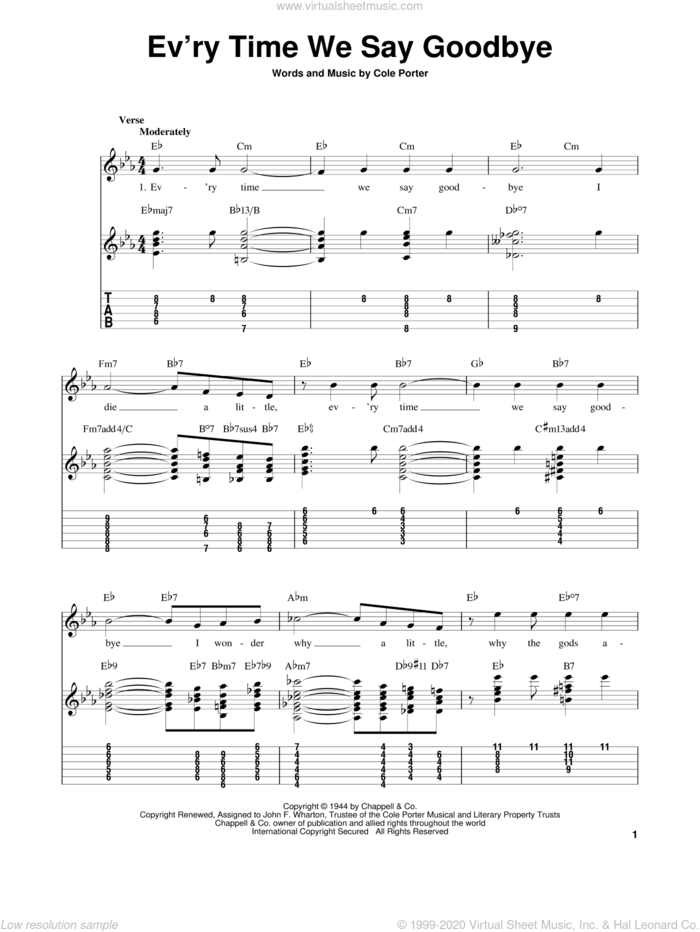 Ev'ry Time We Say Goodbye sheet music for guitar solo (easy tablature) by Cole Porter, easy guitar (easy tablature)