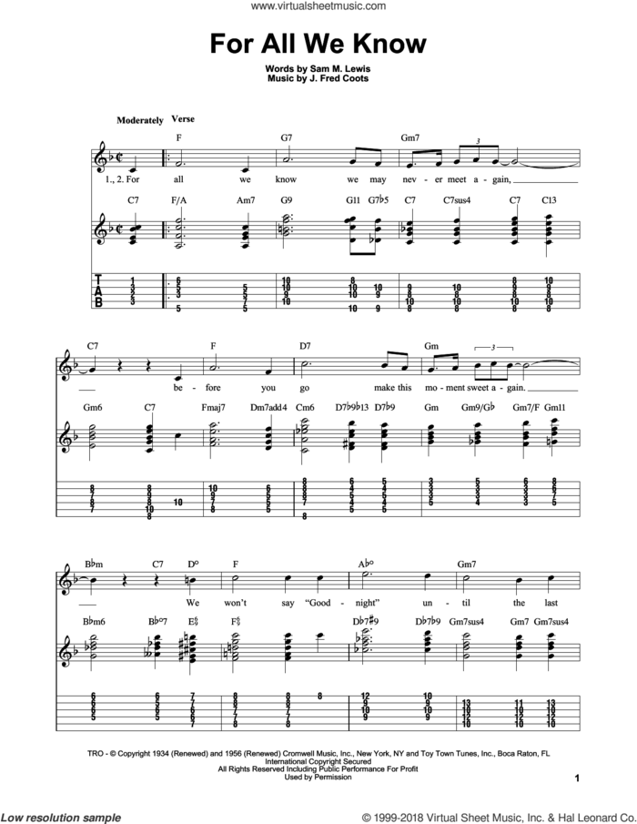 For All We Know sheet music for guitar solo (easy tablature) by J. Fred Coots and Sam Lewis, easy guitar (easy tablature)