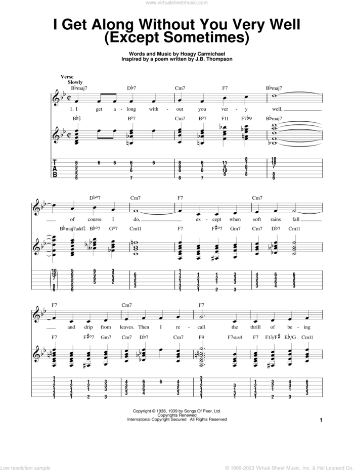 I Get Along Without You Very Well (Except Sometimes) sheet music for guitar solo (easy tablature) by Hoagy Carmichael, easy guitar (easy tablature)