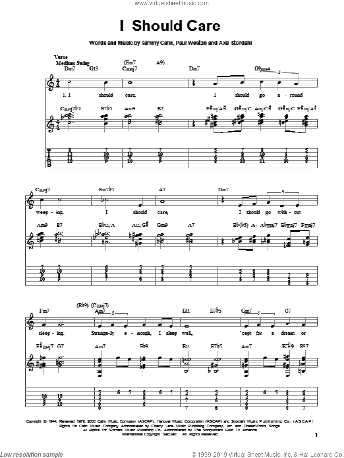 I Should Care sheet music for guitar solo (easy tablature) by Axel Stordahl, Paul Weston and Sammy Cahn, easy guitar (easy tablature)