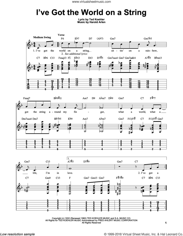 I've Got The World On A String sheet music for guitar solo (easy tablature) by Harold Arlen and Ted Koehler, easy guitar (easy tablature)