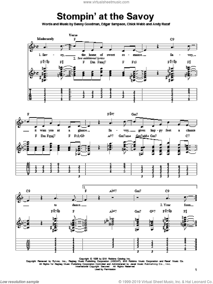 Stompin' At The Savoy sheet music for guitar solo (easy tablature) by Benny Goodman, Chick Webb and Edgar Sampson, easy guitar (easy tablature)