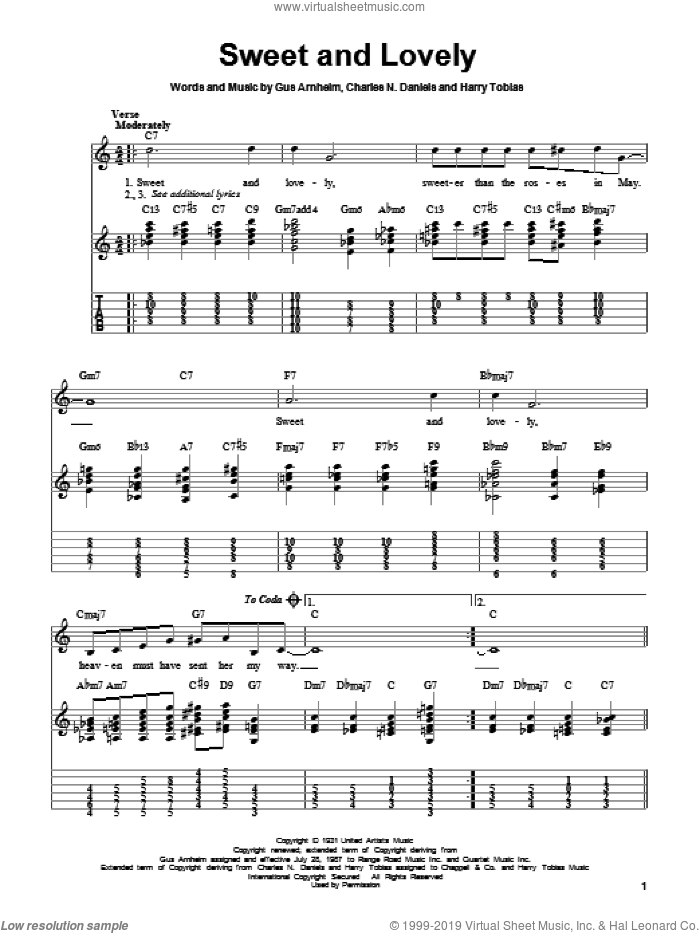 Sweet And Lovely sheet music for guitar solo (easy tablature) by Gus Arnheim, Dizzy Gillespie, Charles N. Daniels and Harry Tobias, easy guitar (easy tablature)