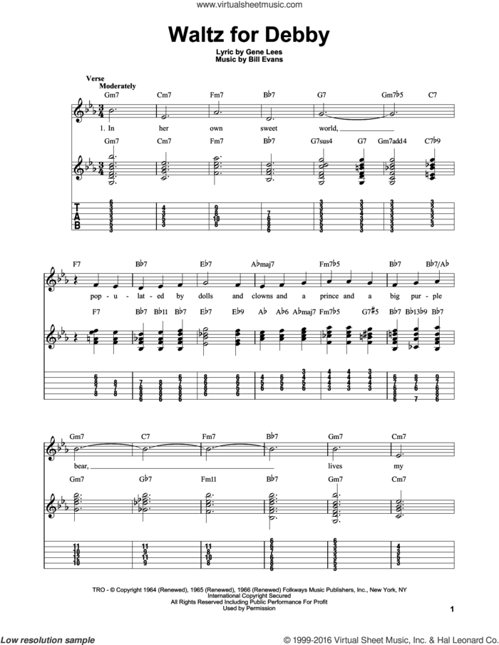 Waltz For Debby sheet music for guitar solo (easy tablature) by Bill Evans and Eugene John Lees, easy guitar (easy tablature)