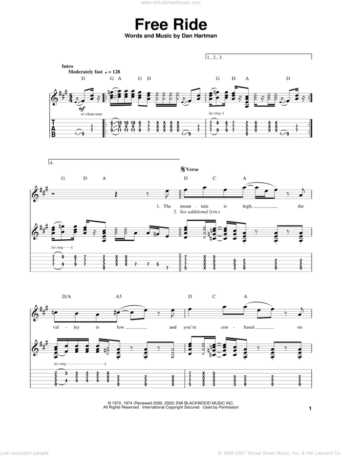 Free Ride sheet music for guitar (tablature, play-along) by Edgar Winter Group and Dan Hartman, intermediate skill level