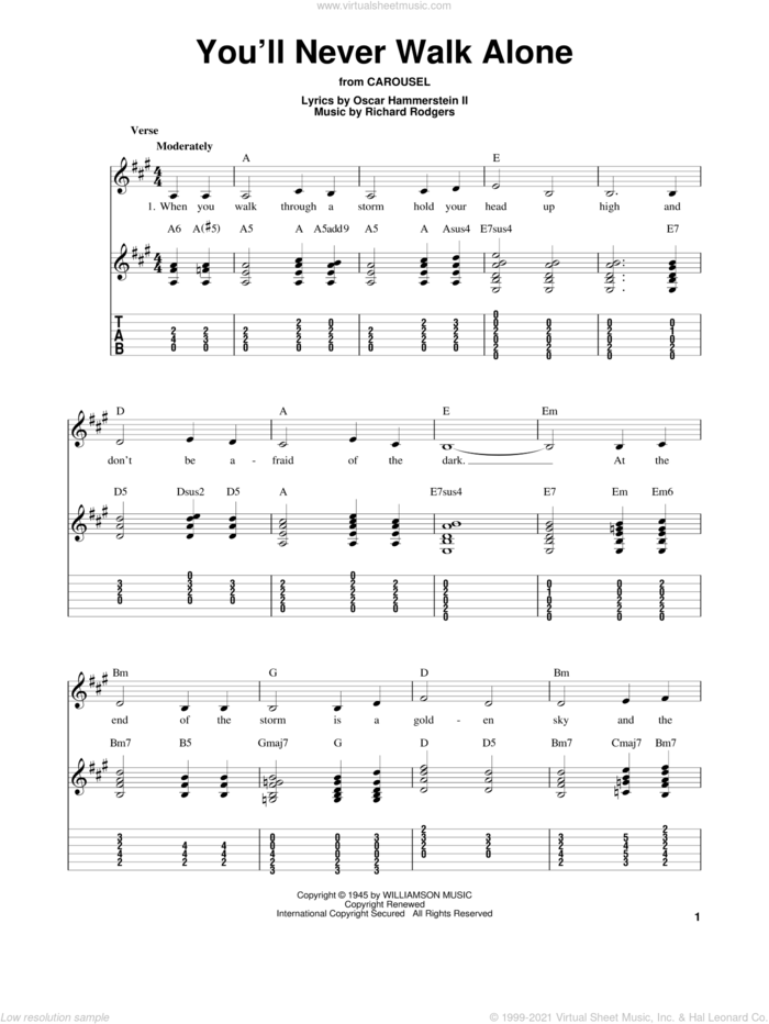 You'll Never Walk Alone sheet music for guitar solo (easy tablature) by Rodgers & Hammerstein, Carousel (Musical), Oscar II Hammerstein and Richard Rodgers, wedding score, easy guitar (easy tablature)