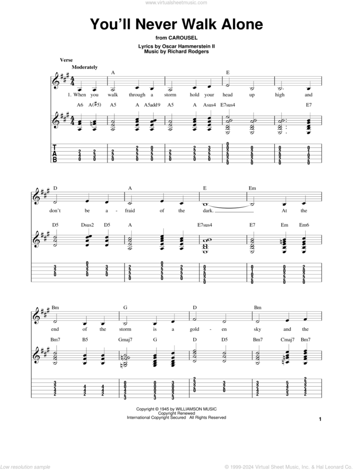 You'll Never Walk Alone sheet music for guitar solo (easy tablature) by Rodgers & Hammerstein, Carousel (Musical), Oscar II Hammerstein and Richard Rodgers, wedding score, easy guitar (easy tablature)