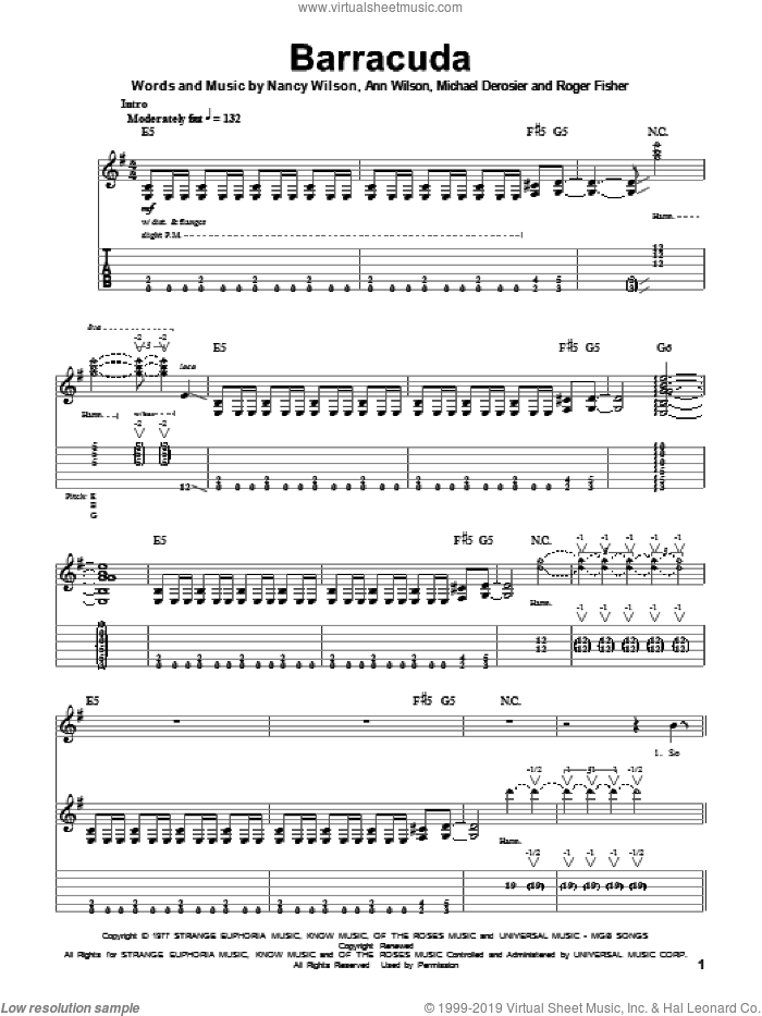 Barracuda sheet music for guitar (tablature, play-along) by Heart, Ann Wilson, Michael Derosier, Nancy Wilson and Roger Fisher, intermediate skill level