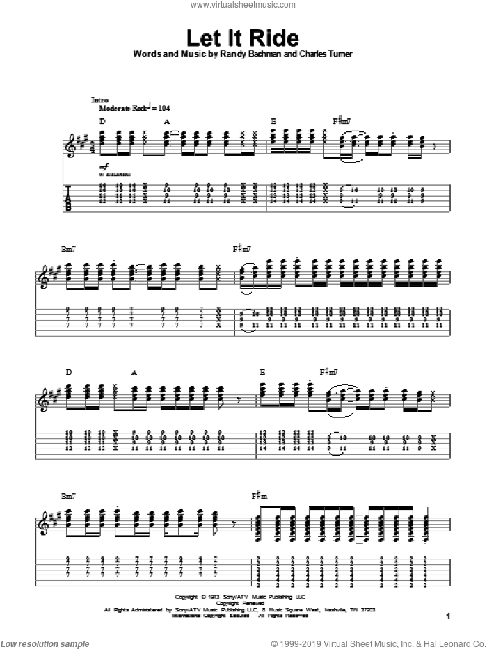 Let It Ride sheet music for guitar (tablature, play-along) by Bachman-Turner Overdrive, Charles Turner and Randy Bachman, intermediate skill level