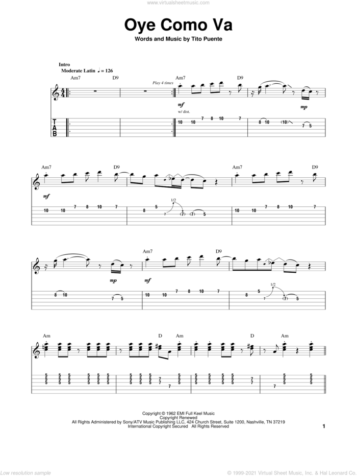 Oye Como Va sheet music for guitar (tablature, play-along) by Tito Puente and Carlos Santana, intermediate skill level
