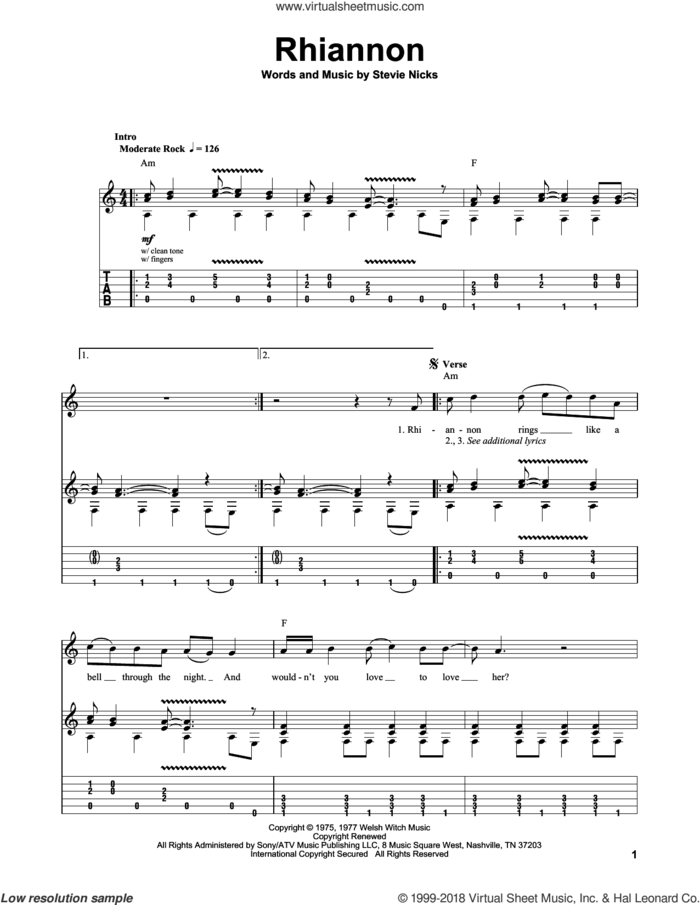 Rhiannon sheet music for guitar (tablature, play-along) by Fleetwood Mac and Stevie Nicks, intermediate skill level