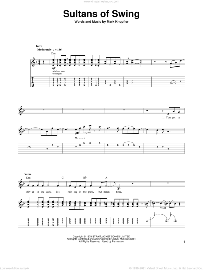 Sultans Of Swing sheet music for guitar (tablature, play-along) by Dire Straits and Mark Knopfler, intermediate skill level