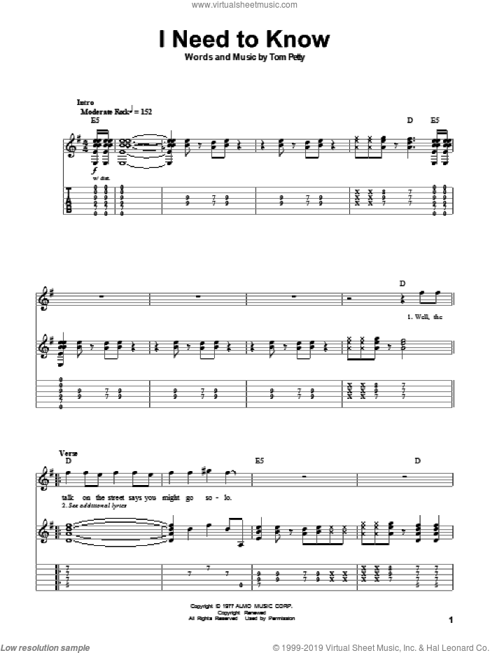 I Need To Know sheet music for guitar (tablature, play-along) by Tom Petty And The Heartbreakers and Tom Petty, intermediate skill level
