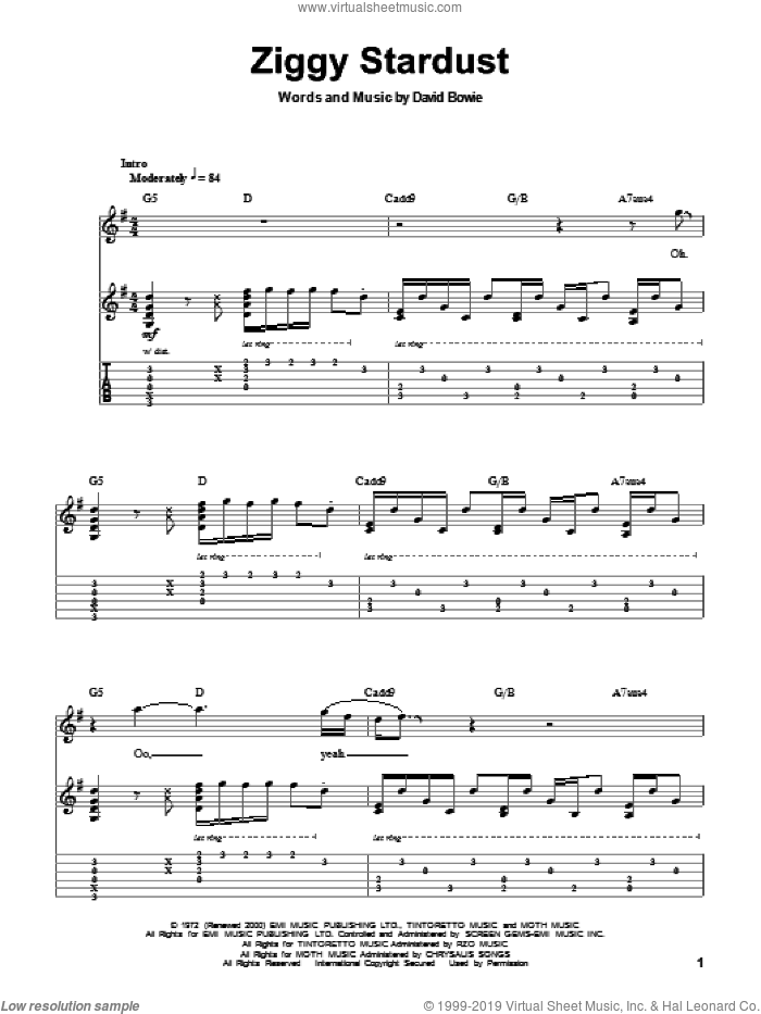 Ziggy Stardust sheet music for guitar (tablature, play-along) by David Bowie, intermediate skill level