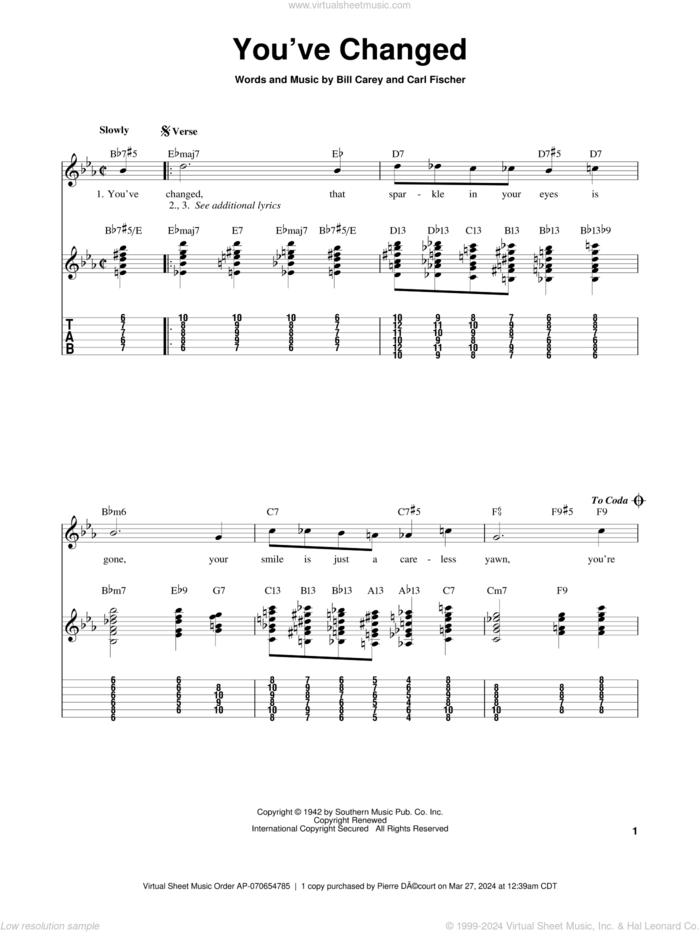 You've Changed sheet music for guitar solo (easy tablature) by Connie Russell, Bill Carey and Carl Fischer, easy guitar (easy tablature)