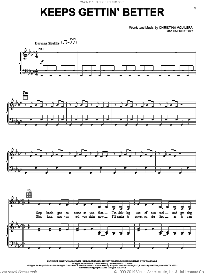Keeps Gettin' Better sheet music for voice, piano or guitar by Christina Aguilera and Linda Perry, intermediate skill level