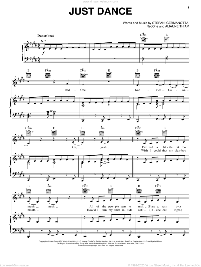 Just Dance sheet music for voice, piano or guitar by Lady GaGa, Aliaune Thiam and RedOne, intermediate skill level