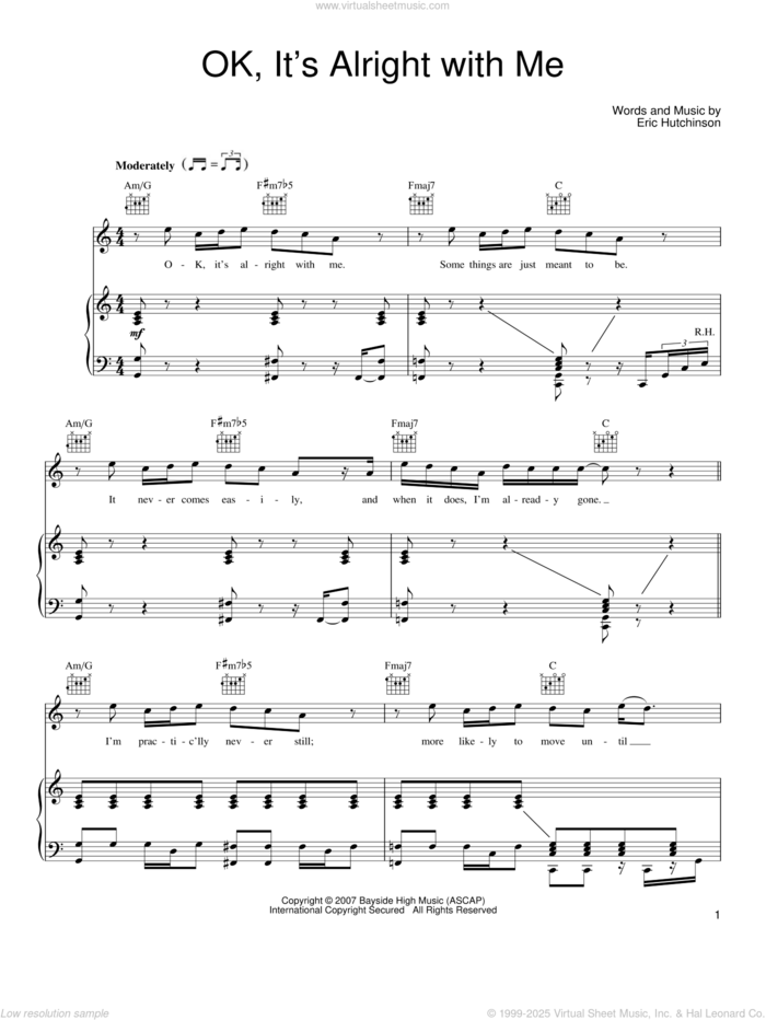 OK, It's Alright With Me sheet music for voice, piano or guitar by Eric Hutchinson, intermediate skill level