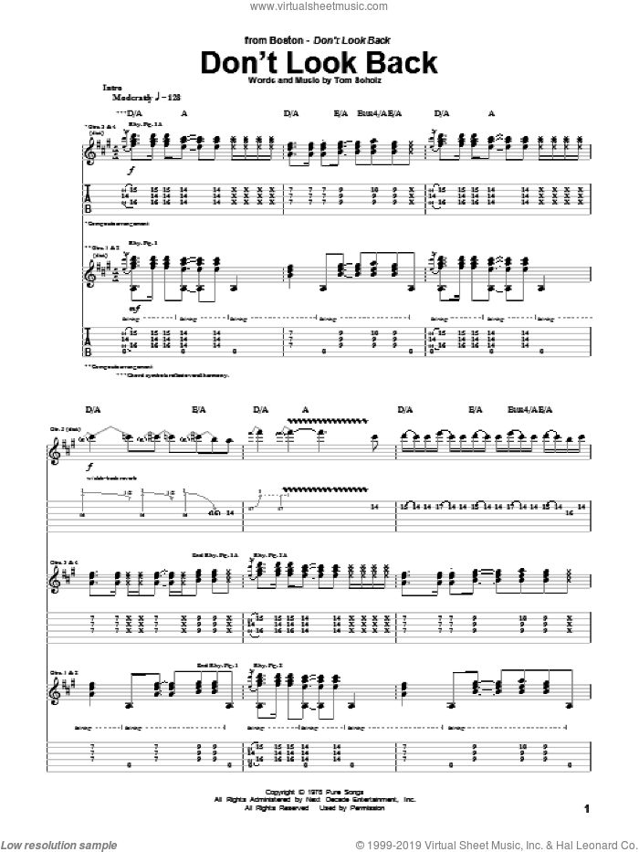 Don't Look Back sheet music for guitar (tablature) by Boston and Tom Scholz, intermediate skill level