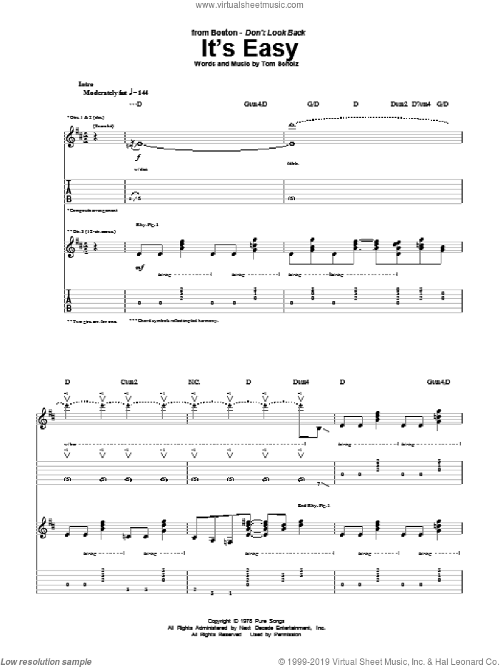 It's Easy sheet music for guitar (tablature) by Boston and Tom Scholz, intermediate skill level