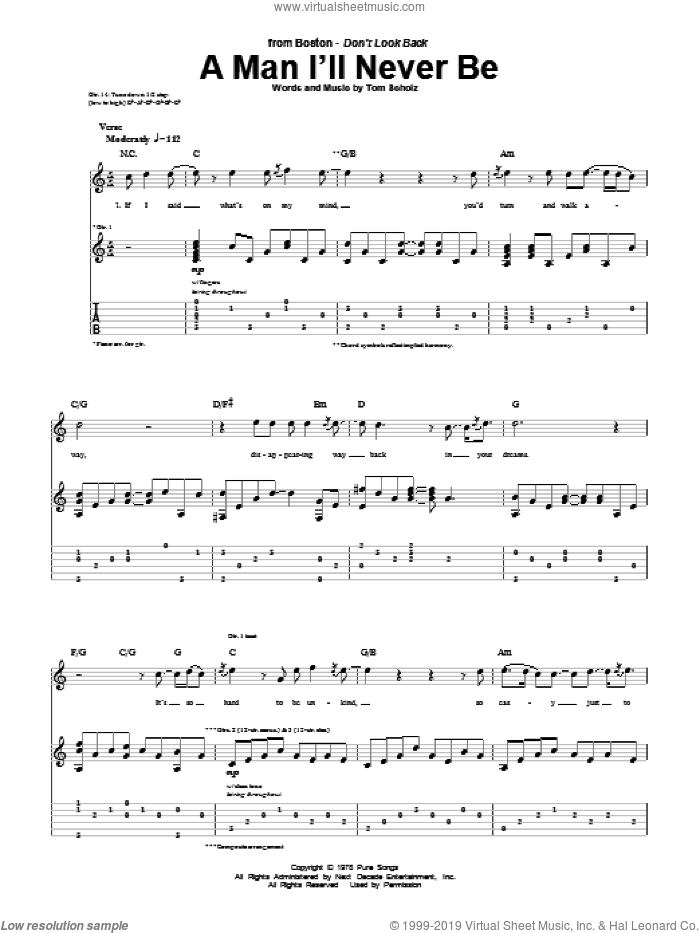 A Man I'll Never Be sheet music for guitar (tablature) by Boston and Tom Scholz, intermediate skill level