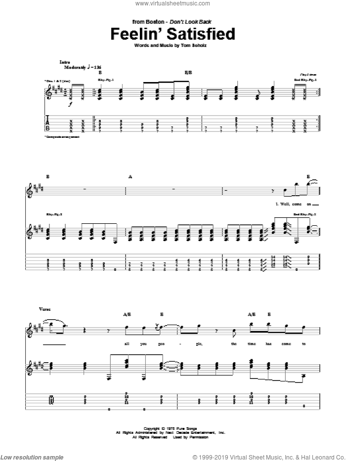 Feelin' Satisfied sheet music for guitar (tablature) by Boston and Tom Scholz, intermediate skill level
