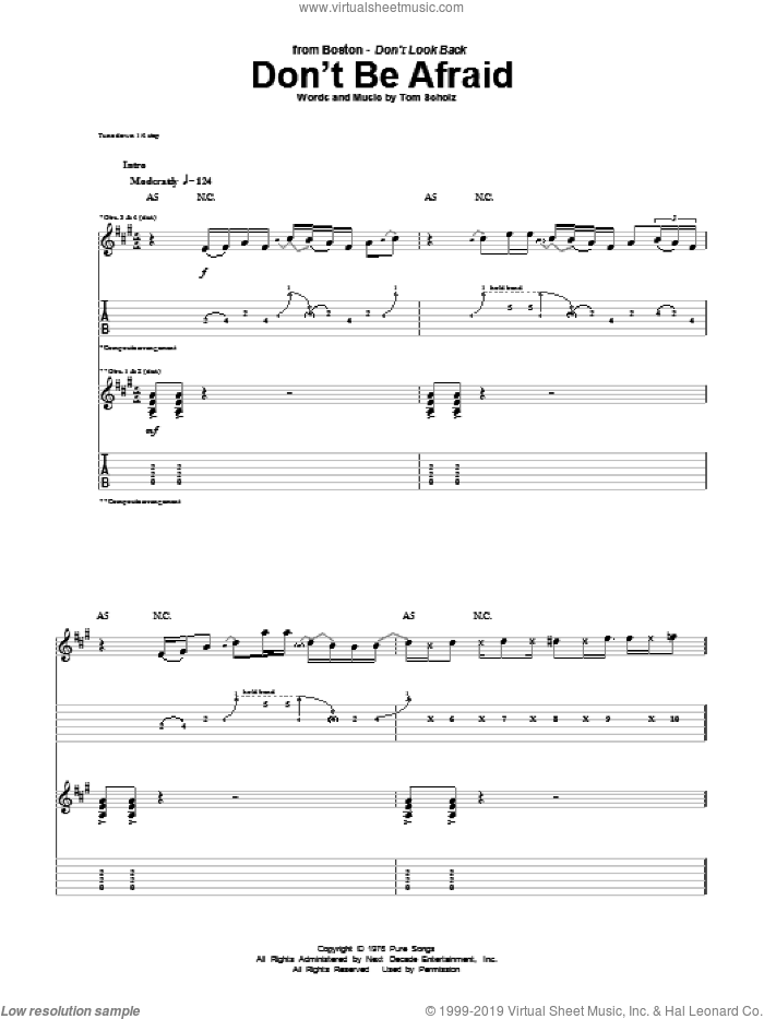 Don't Be Afraid sheet music for guitar (tablature) by Boston and Tom Scholz, intermediate skill level