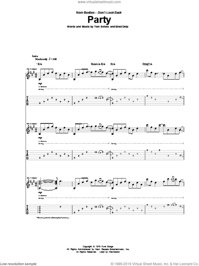 Party sheet music for guitar (tablature) by Boston, Brad Delp and Tom Scholz, intermediate skill level