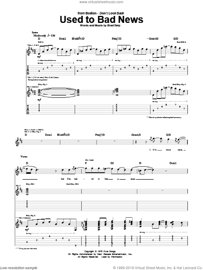 Used To Bad News sheet music for guitar (tablature) by Boston and Brad Delp, intermediate skill level