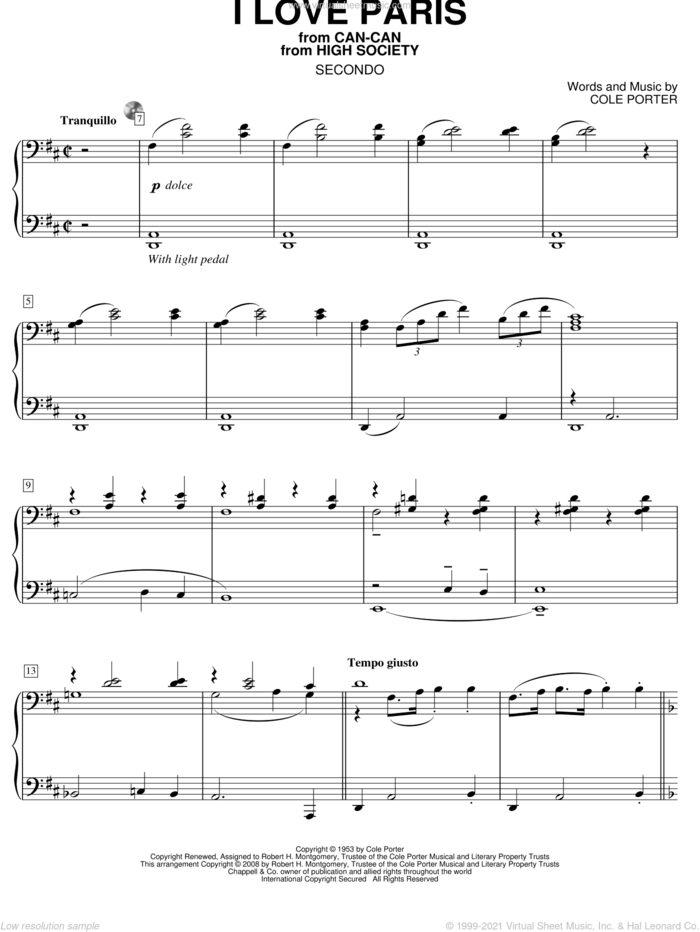 I Love Paris sheet music for piano four hands by Cole Porter, intermediate skill level