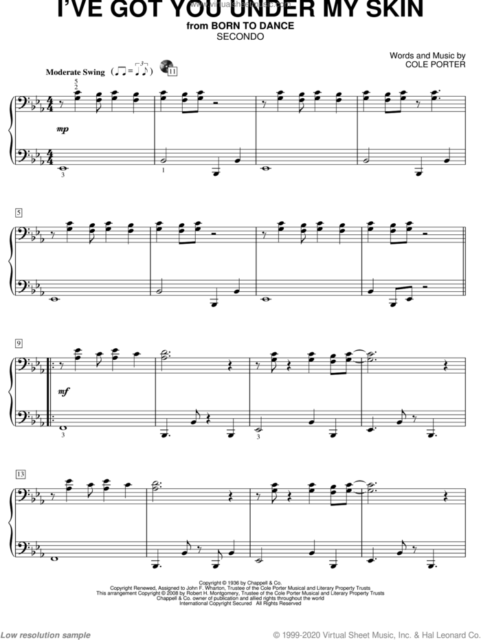 I've Got You Under My Skin sheet music for piano four hands by Cole Porter, intermediate skill level