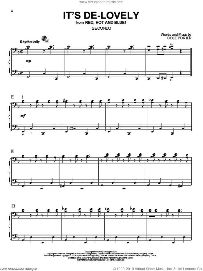 It's De-Lovely sheet music for piano four hands by Cole Porter, intermediate skill level