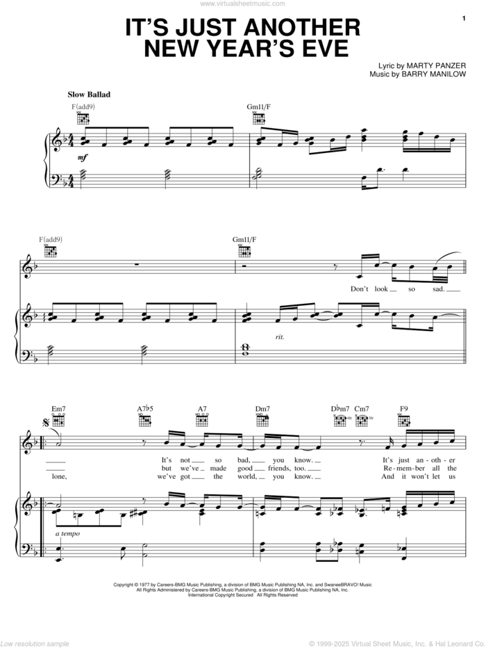 It's Just Another New Year's Eve sheet music for voice, piano or guitar by Barry Manilow and Marty Panzer, intermediate skill level