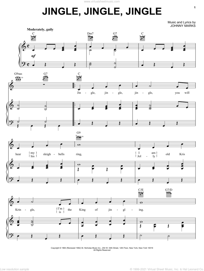 Jingle, Jingle, Jingle sheet music for voice, piano or guitar by Johnny Marks, intermediate skill level