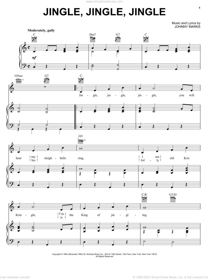 Jingle, Jingle, Jingle sheet music for voice, piano or guitar by Johnny Marks, intermediate skill level