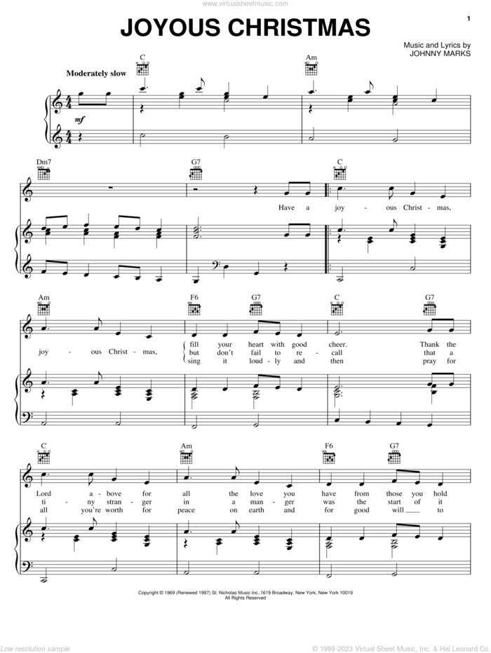 Joyous Christmas sheet music for voice, piano or guitar by Johnny Marks, intermediate skill level