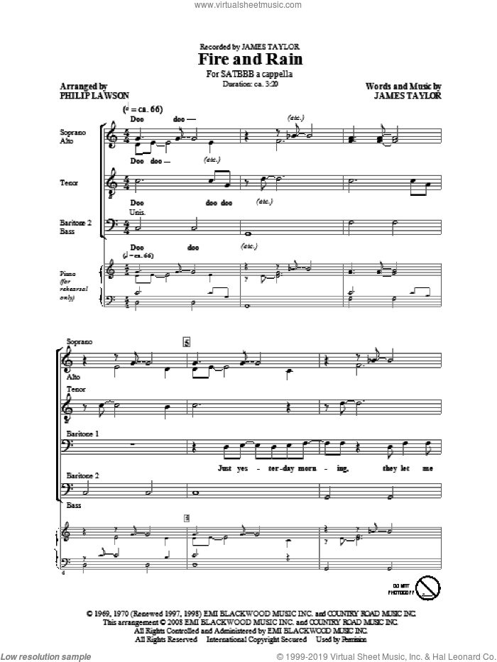 Fire And Rain (arr. Phillip Lawson) sheet music for choir (SATB: soprano, alto, tenor, bass) by James Taylor and Philip Lawson, intermediate skill level