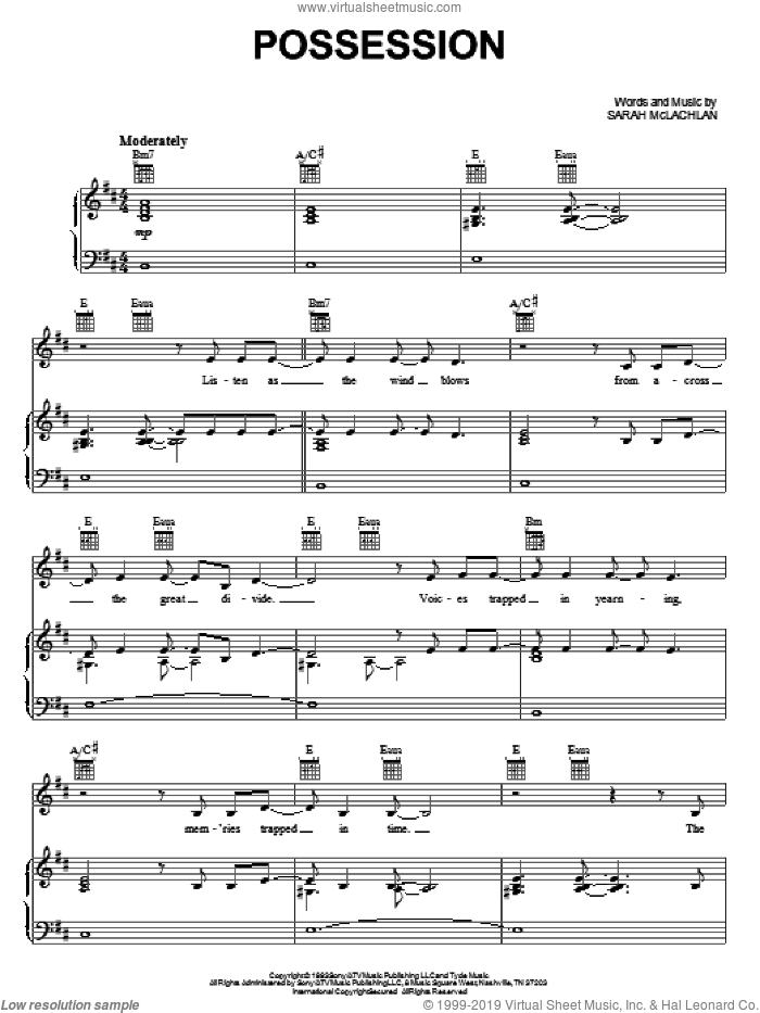 Possession sheet music for voice, piano or guitar by Sarah McLachlan, intermediate skill level