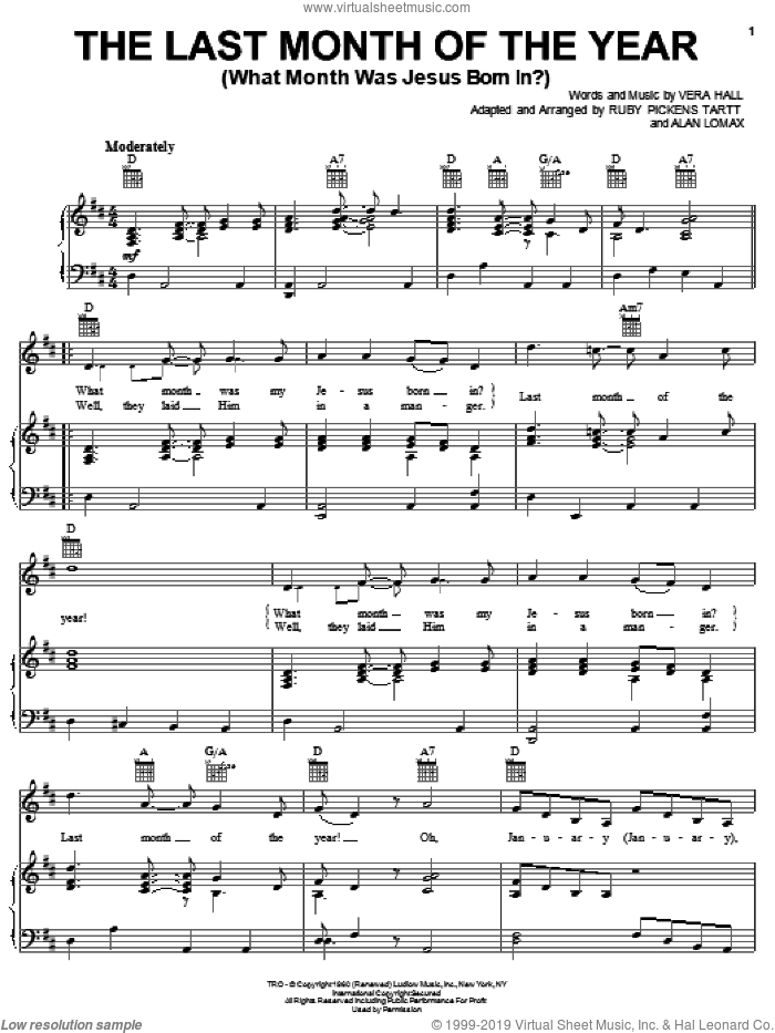 The Last Month Of The Year (What Month Was Jesus Born In?) sheet music for voice, piano or guitar by Vera Hall, John A. Lomax and Ruby Pickens Tartt, intermediate skill level
