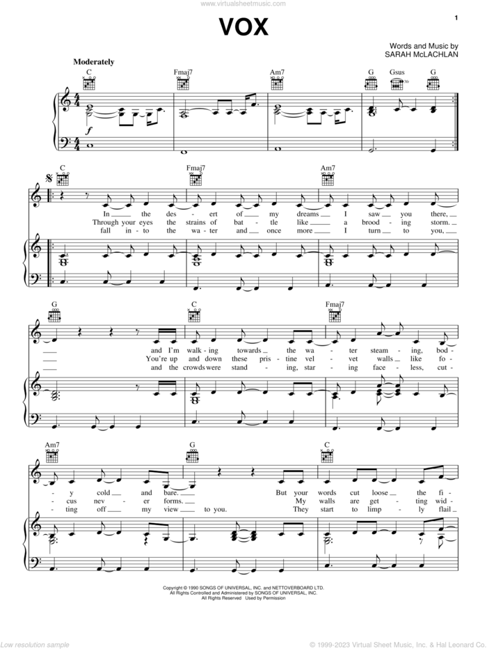 Vox sheet music for voice, piano or guitar by Sarah McLachlan, intermediate skill level