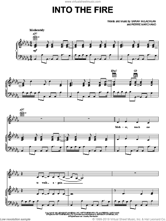 Into The Fire sheet music for voice, piano or guitar by Sarah McLachlan and Pierre J. Marchand, intermediate skill level