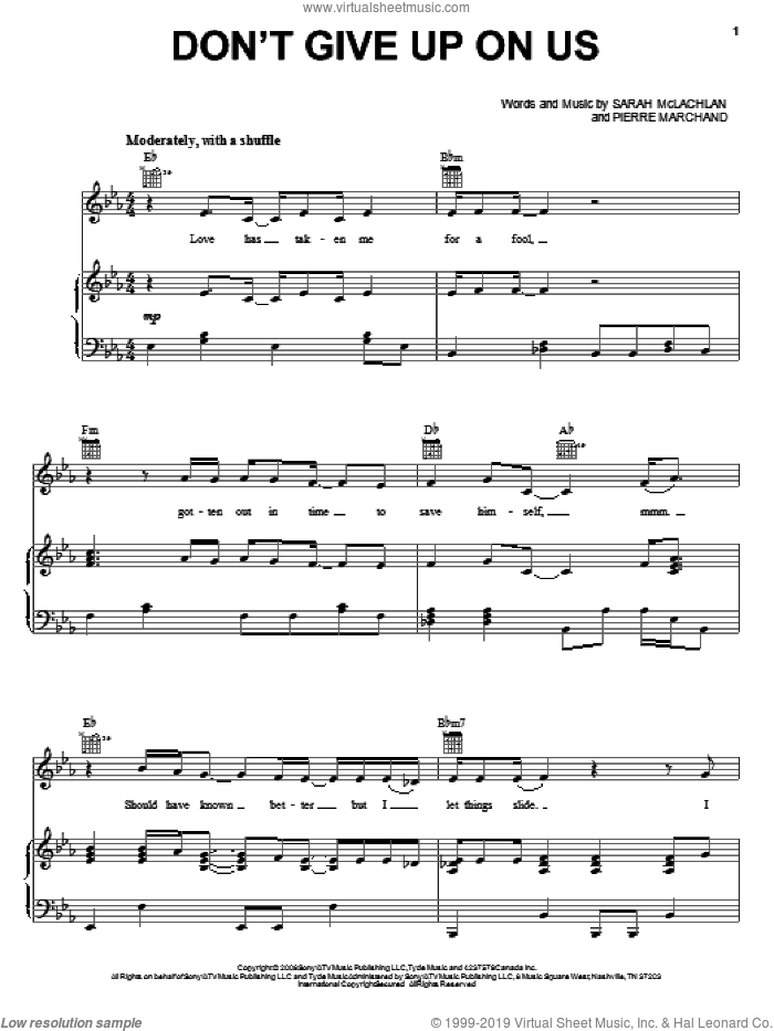 Don't Give Up On Us sheet music for voice, piano or guitar by Sarah McLachlan and Pierre Marchand, intermediate skill level